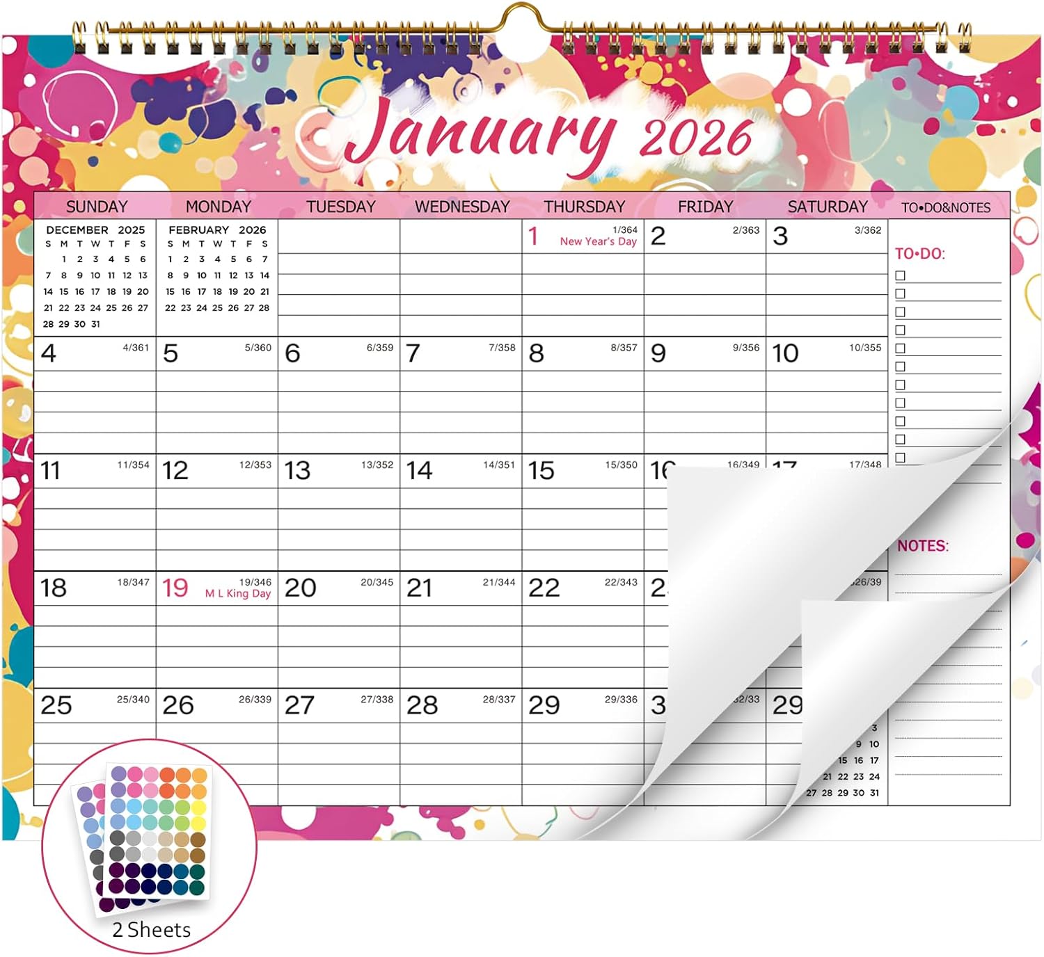 2026 Calendar, Wall Calendar 2026-2027, 18 Month Calendar January 2026 - June 2027, 14.8" X 11.5", Calendar with Twin-Wire Binding, Hanging Hook and Julian Dates (Multi Colorful)