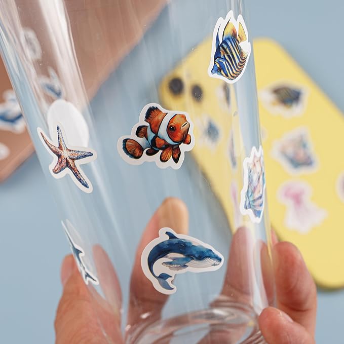 1000PCS Ocean Animal Stickers Roll for Kids, 2 Rolls, 10 Styles Cartoon Sea Creature Stickers, Whales, Octopus, Sharks, Jellyfish, Clownfish, Shells & Fish Decals for Classroom Rewards