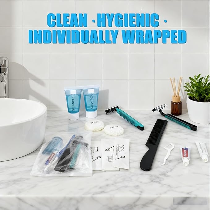 10 Pack Travel Hygiene Kits, 8-in-1 Personal Toiletry Kit -Toothbrush, Toothpaste, Comb, Flossers, Shampoo, Soap, Razor & Shaving Cream, Individually Packed for Travel, Guest Rooms,Vacation Rentals