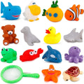15 PCS Ocean Animals Rubber Bath Toy Water Squirters with Floating Bathtub Squeeze and Play Soft Sea Creatures anf Fishing Net for Baby, Toddlers and Kids