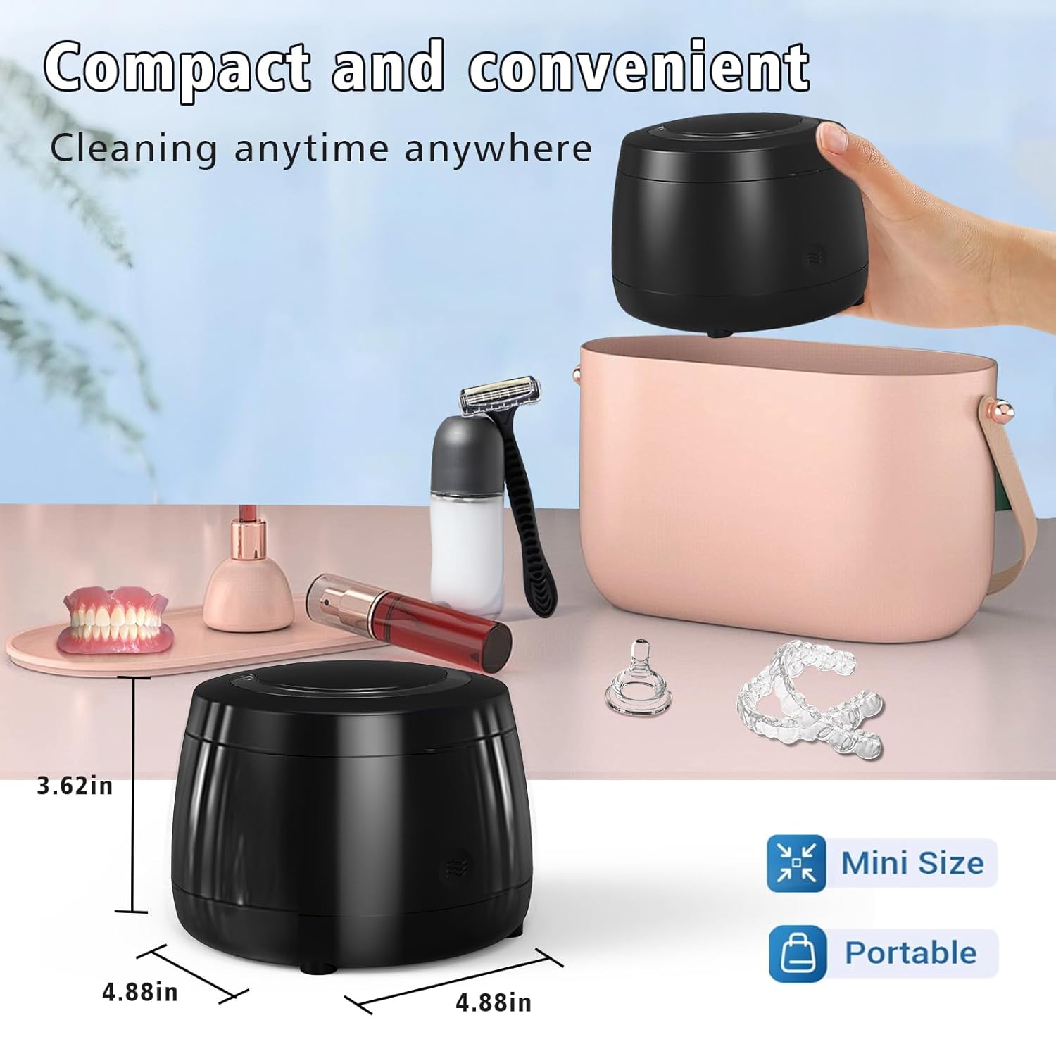 Ultrasonic Retainer Cleaner, 43kHz Ultrasonic Denture Cleaner Jewelry Cleaning Machine Eyeglass Cleaner for Watches Dentures Ring Razor Makeup Brush
