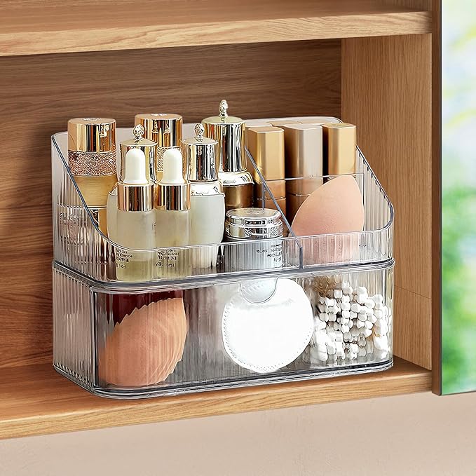 Medicine Cabinet Organizer 2 Tier, Stackable Bathroom Mirror Cabinet Storage，Small Makeup Organizers with 1 Drawer and 1 Tray for Wall Cabinet， Closet， Vanity, Countertop, Clear