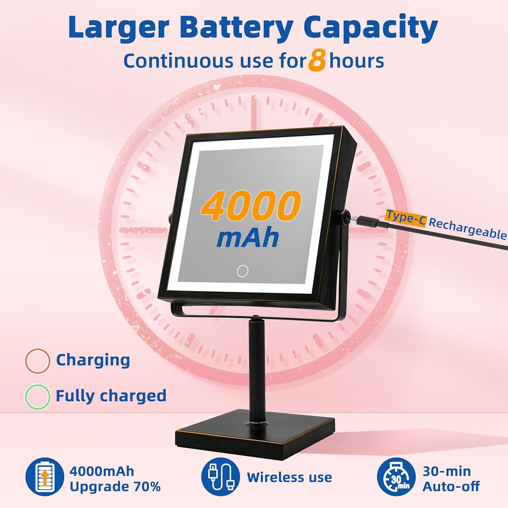 Ruacq Rechargeable Makeup Mirror, 4000mAh Lighted Makeup Mirror with Magnification 1X/10X, Height Adjustable Vanity Mirror with Lights, 3 Color Lights, Adjustable Brightness, (Oil Rubbed Bronze)