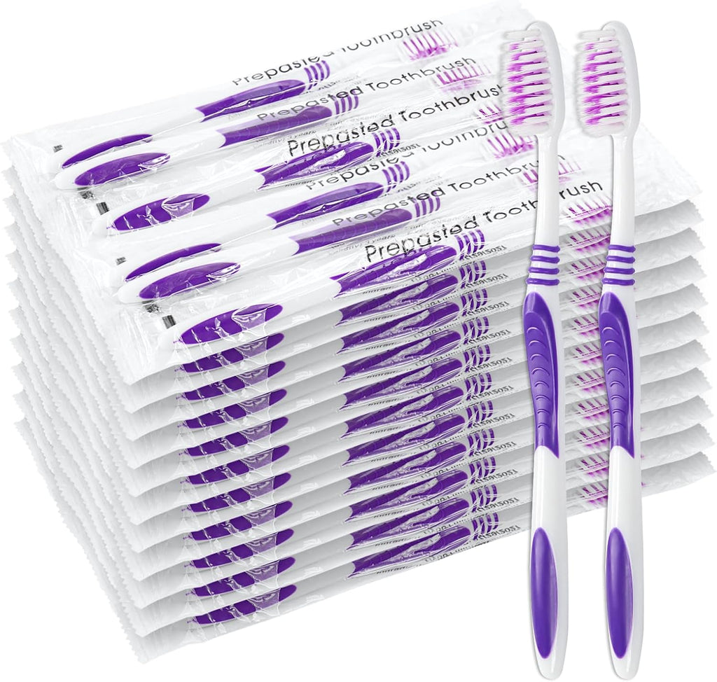 100 Prepasted Disposable Toothbrushes Individually Wrapped Pre Pasted Toothbrushes Soft Bristle Travel Tooth Brush Single Use Wrapped for Hotel, Camping, Travel and Gift for The Homeless (purple)