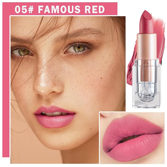 Matte Nude Lipstick Velvet Lip Gloss Non-Fading Non-Sticky Cup Nude Lipstick Matte Lip Stain Long Lasting Waterproof Lipstick for Women Girls Daily Lip Makeup-605 Famous Red
