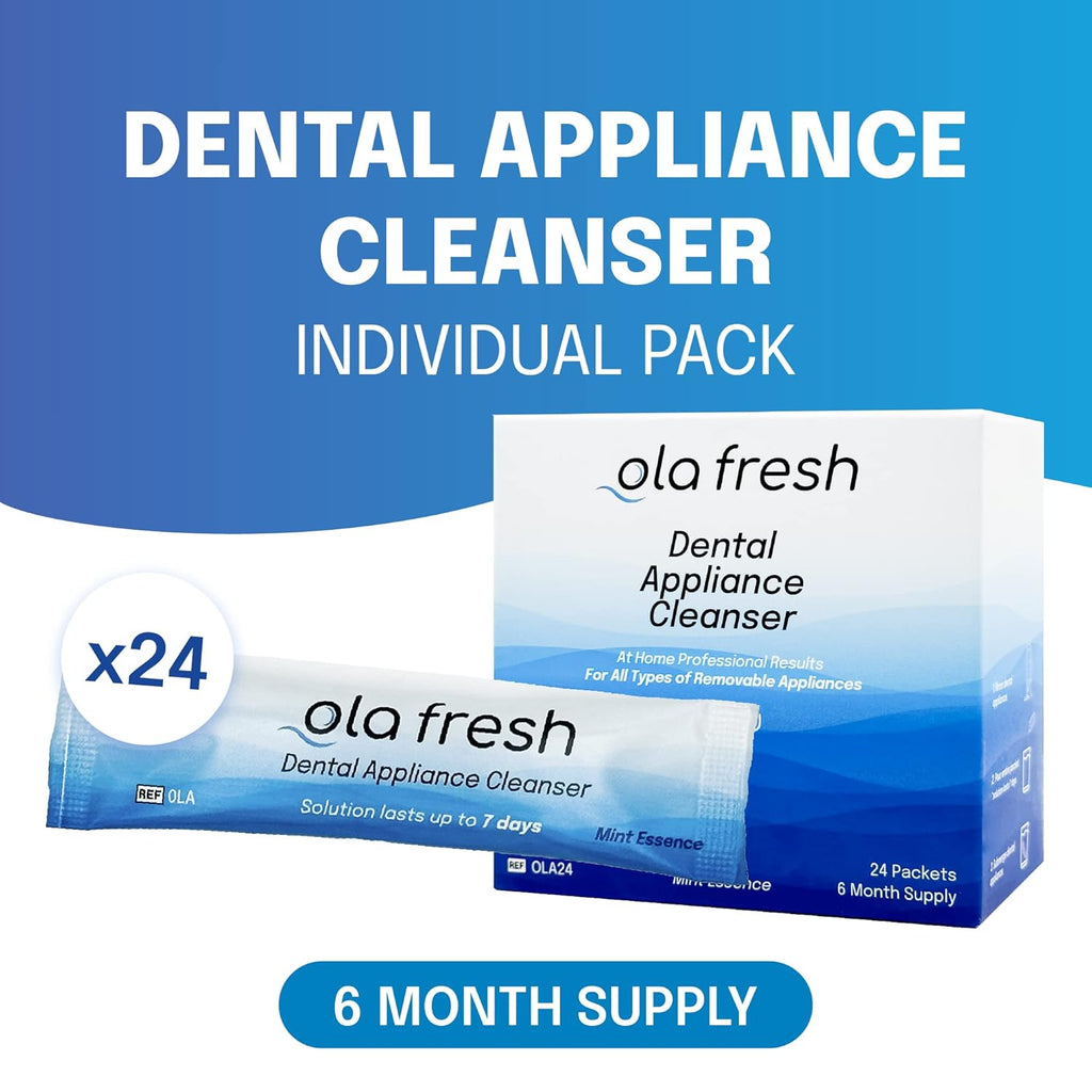 Ola Fresh Dental Appliance Cleanser, Professional Denture and Retainer Powder Cleanser (Mint Essence Flavor, 24 Packets, 6 Month Supply)
