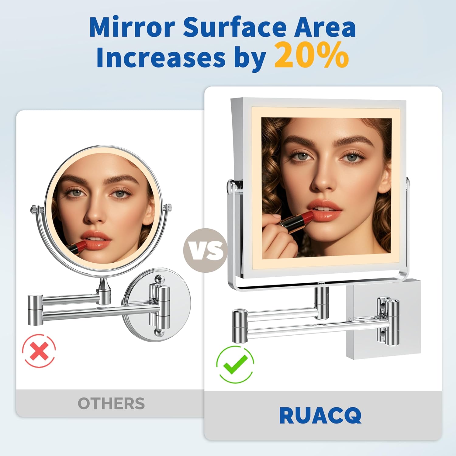 Ruacq Rechargeable Wall Mounted Makeup Mirror with Lights, Double Sided 1X/10X Magnifying Vanity Mirror with 3 Color Lighting, Touch Screen Dimmable, 360° Rotation Extension Foldable Arm(Chrome)