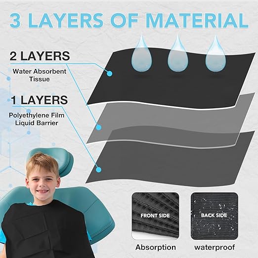 200 Pack Disposable Dental Bibs 13"x18", 3-Ply Waterproof Tattoo Bibs Sheet for Nail Salon, Dental Clinic, Feeding, Tattoo Shop (Black)