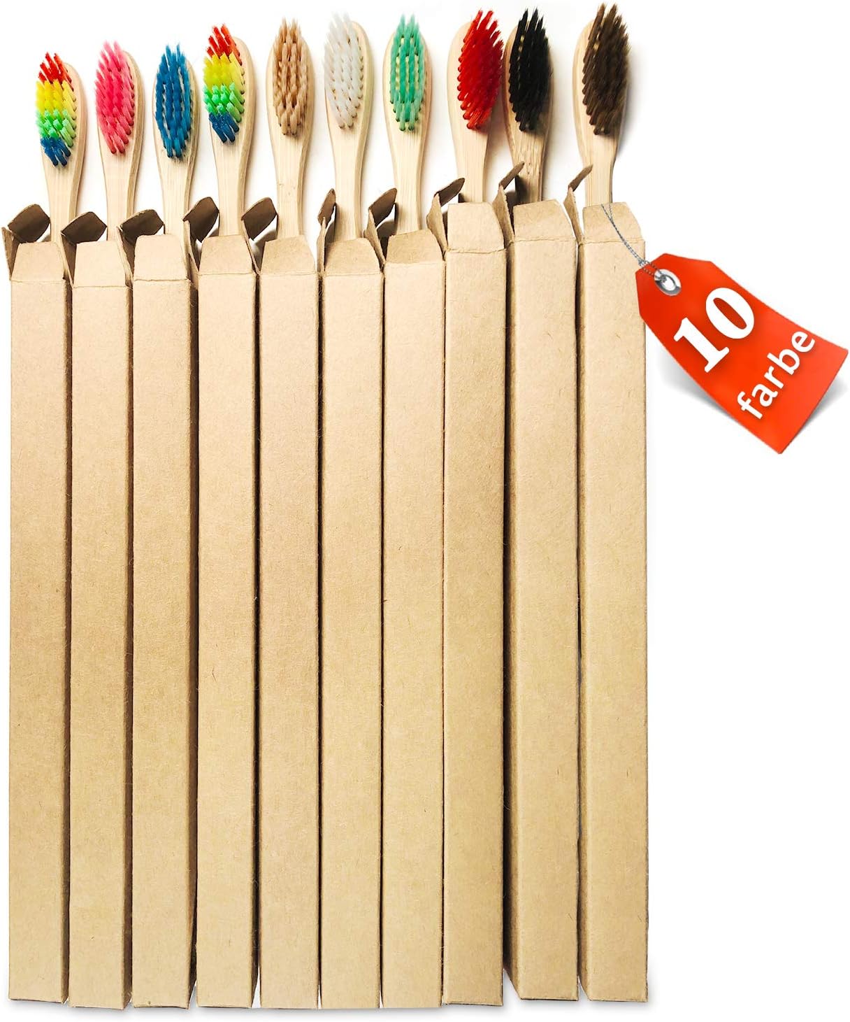 10 Color Soft Bristles Natural Bamboo Toothbrushes Set, Premium BPA Free for Best Clean, Eco-Friendly, Plastic-Free, Vegan, Biodegradable & Compostable Charcoal Wooden