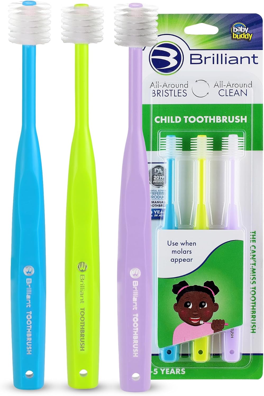 Brilliant Oral Care Child Toothbrush with Soft Bristles and Round Head, for a Kid Approved, Easy to Use All-Around Clean Mouth, Ages 2-5 Years, Sky Blue Lime Lilac, 3 Pack