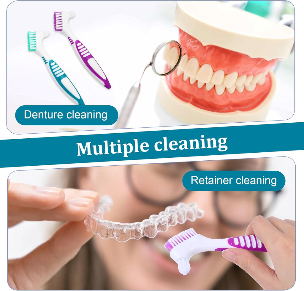 2pcs Denture Brush, Denture Cleaning Brush Set with White Carrying Case Denture Toothbrushes with Multi-Layered Soft Bristles and Rubber Anti-Slip Handle (Purple + Green)