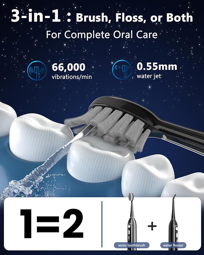 Electric Toothbrush with Water Flosser 3-in-1 Combo, Oscillating & Vibrating Dual Action Flossing Toothbrush, Portable, Clean Plaque& Teeth, 5 Brush Heads, Sonic Electric Toothbrush for Adults