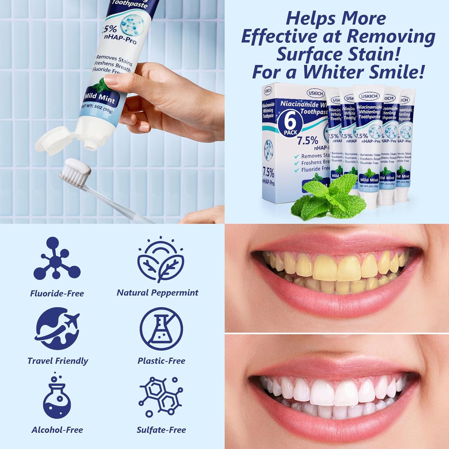 7.5% Nano Hydroxyapatite Toothpaste,6 Pack Fresh Breath Whitening Toothpaste for Remineralizing Enamel & Sensitive Relief,Antiplaque,Natural Peppermint,Fluoride-Free