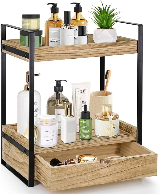 2-Tier Bathroom Organizer Countertop with Drawer, Wood Counter Shelf for Storage, Vanity Tray for Organization and Decor, Countertop Organizer for Bathroom, Kitchen, Office (Brown)