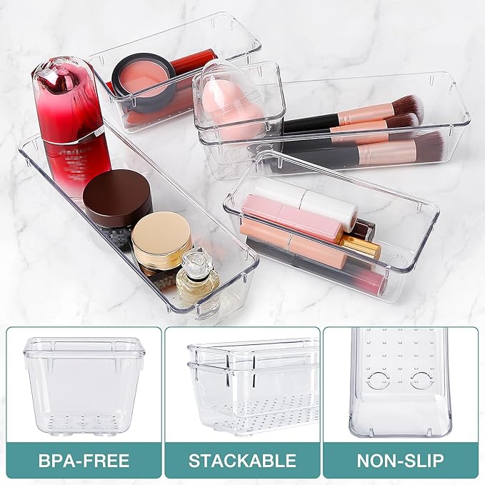 13 PCS Drawer Organizer Set, 5 Varied Size Bathroom and kitchen Drawer cabinet organizer Trays, Clear Storage Bins for Makeup, Jewelry, Utensils and Gadgets