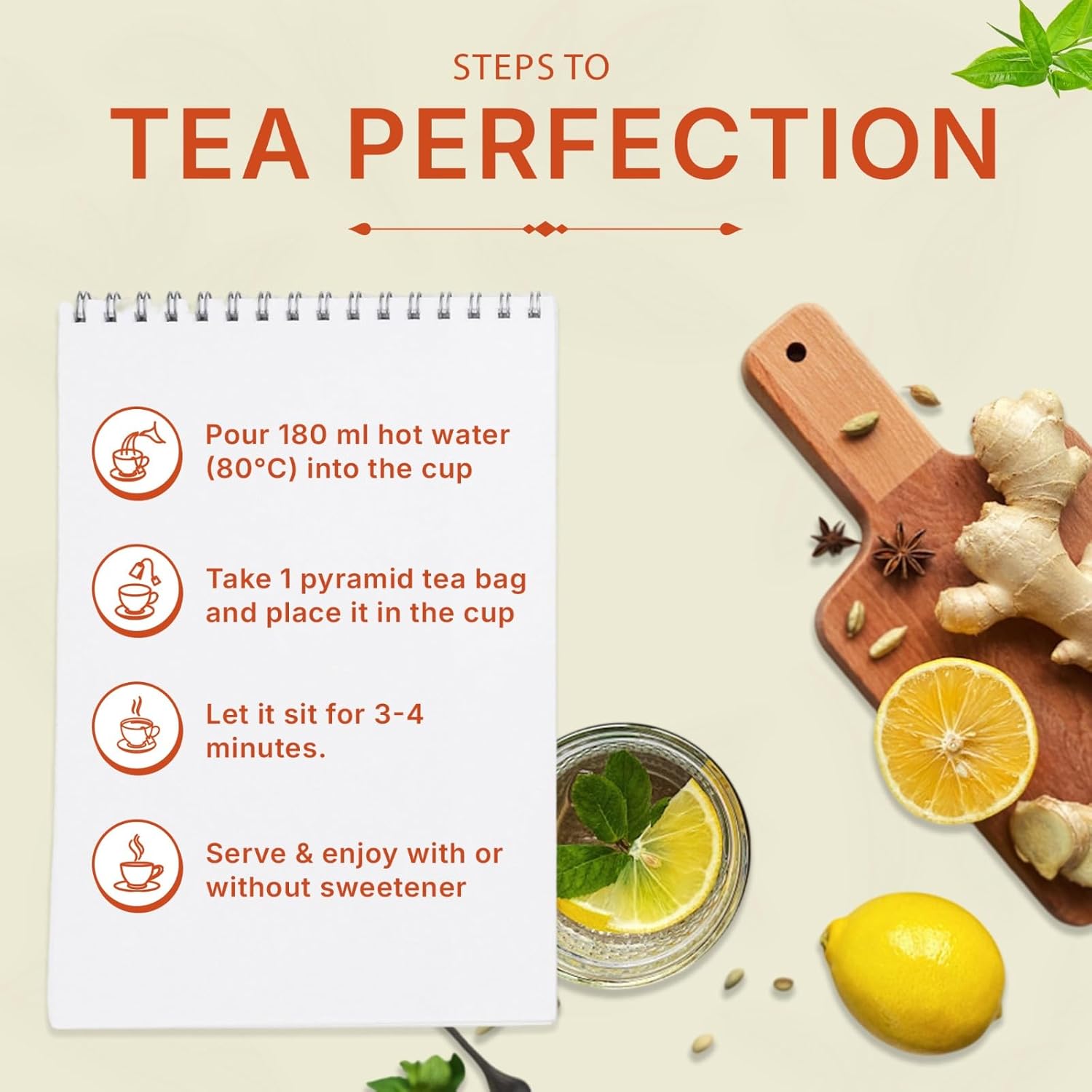 Tealeaf & Co. Lemon Ginger Green Tea with Ginger, Lemon Flavor, Orange Peel, Mint & Black Pepper - Organic Green Tea Bags with Fresh Herbs and Spices - Vegan - 100 Teabags (7.055oz/200gm)