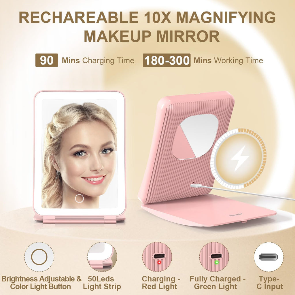 Mocado Travel Makeup Mirror with Light, 1x/10x Magnifying Mirror with Light, 3 Colors Lighted Magnifying Mirror, 2000mAh Rechargeable Lighted Makeup Mirror, Dimmable Touch, Memory Function (Pink)