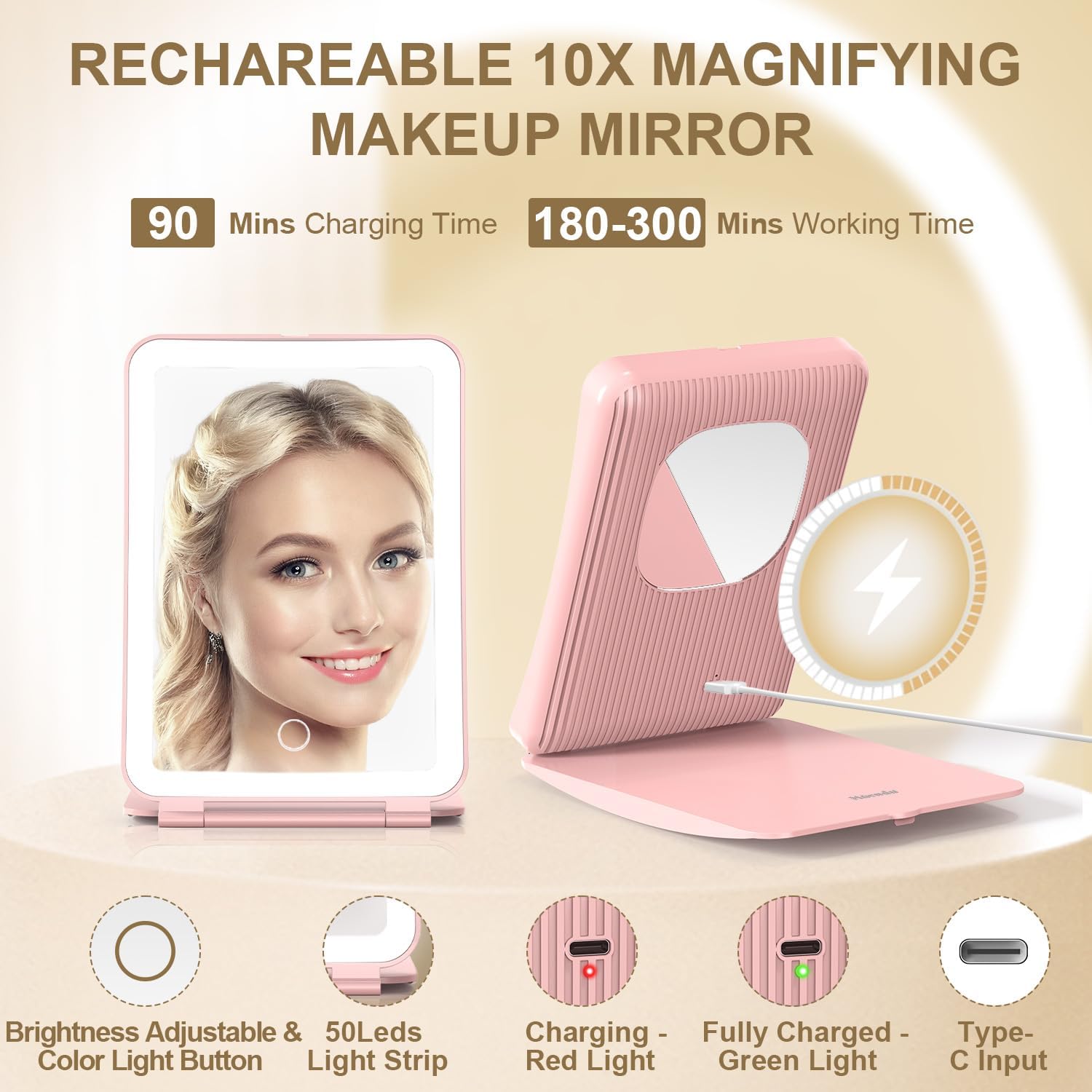 Mocado Travel Makeup Mirror with Light, 1x/10x Magnifying Mirror with Light, 3 Colors Lighted Magnifying Mirror, 2000mAh Rechargeable Lighted Makeup Mirror, Dimmable Touch, Memory Function (Pink)