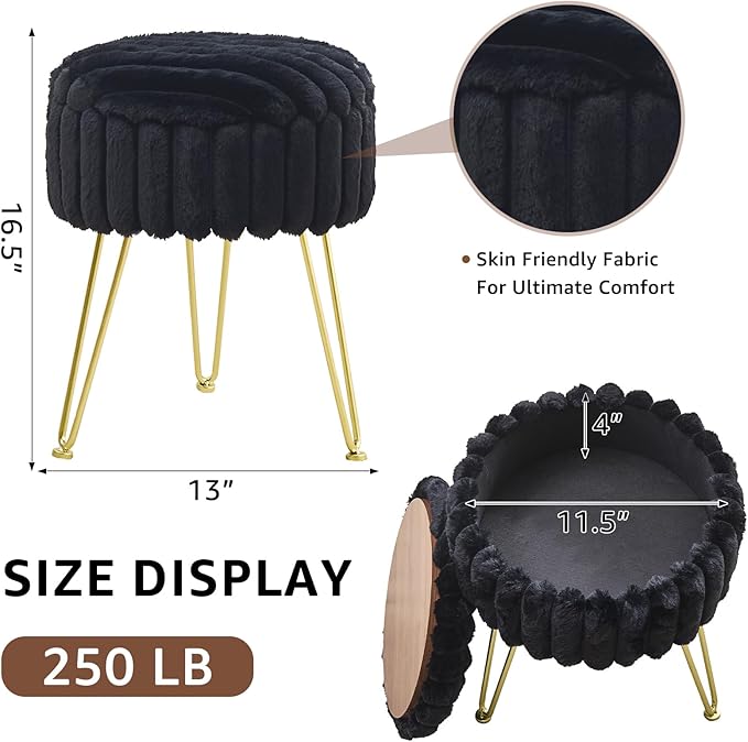 Wimarsbon Vanity Stool with Storage, Faux Fur Ottoman Chair with Metal Legs, Round Makeup Vanity Chair for Bedroom or Dressing Table, Modern Small Ottoman Seat (Black)