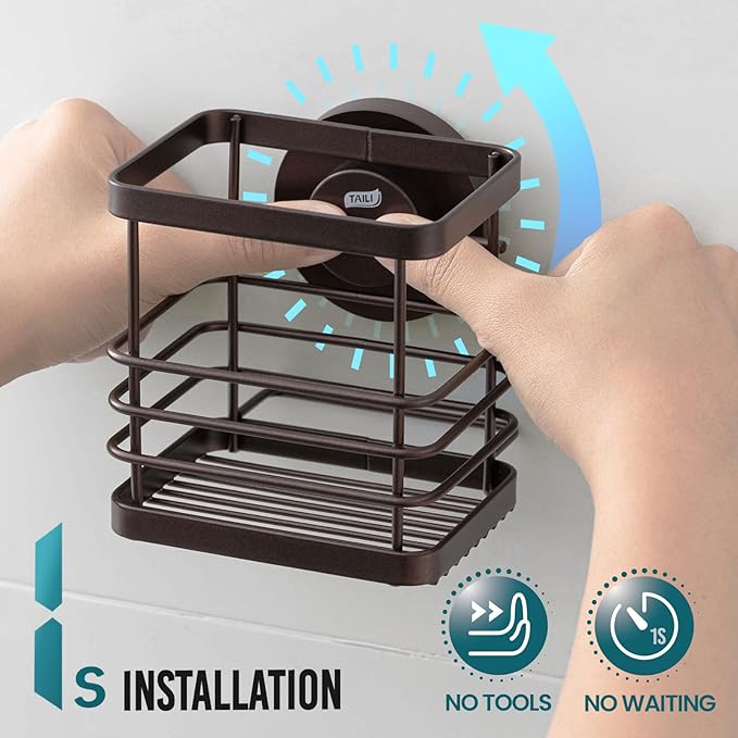 TAILI Patented Suction Cup Toothbrush Holder, Stainless Steel Anti-Puddling Toothbrush Shower Holder, No Drilling Removable Organizer for Bathroom Toothpaste, Razor, Kitchen and Office Items, Brown