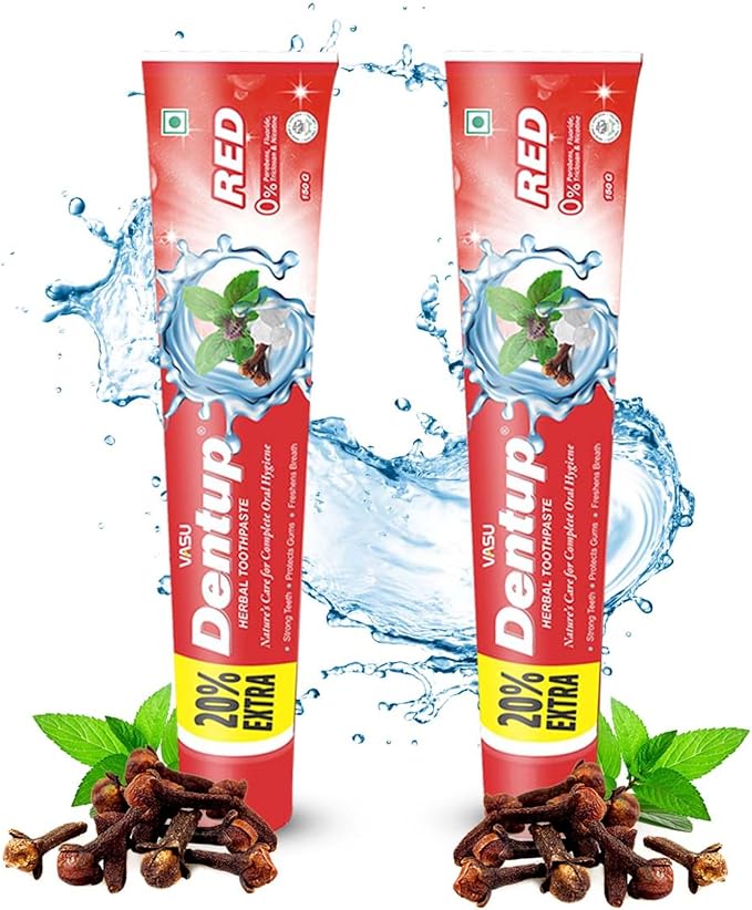 Vasu Dentup RED Herbal Toothpaste - Herbal Oral Care with Clove Oil & Mint - Fluoride-Free Natural Toothpaste for Daily Use - Fights Plaque, Freshens Breath, Soothes Gums - 5.03 fl.oz each (Pack of 2)
