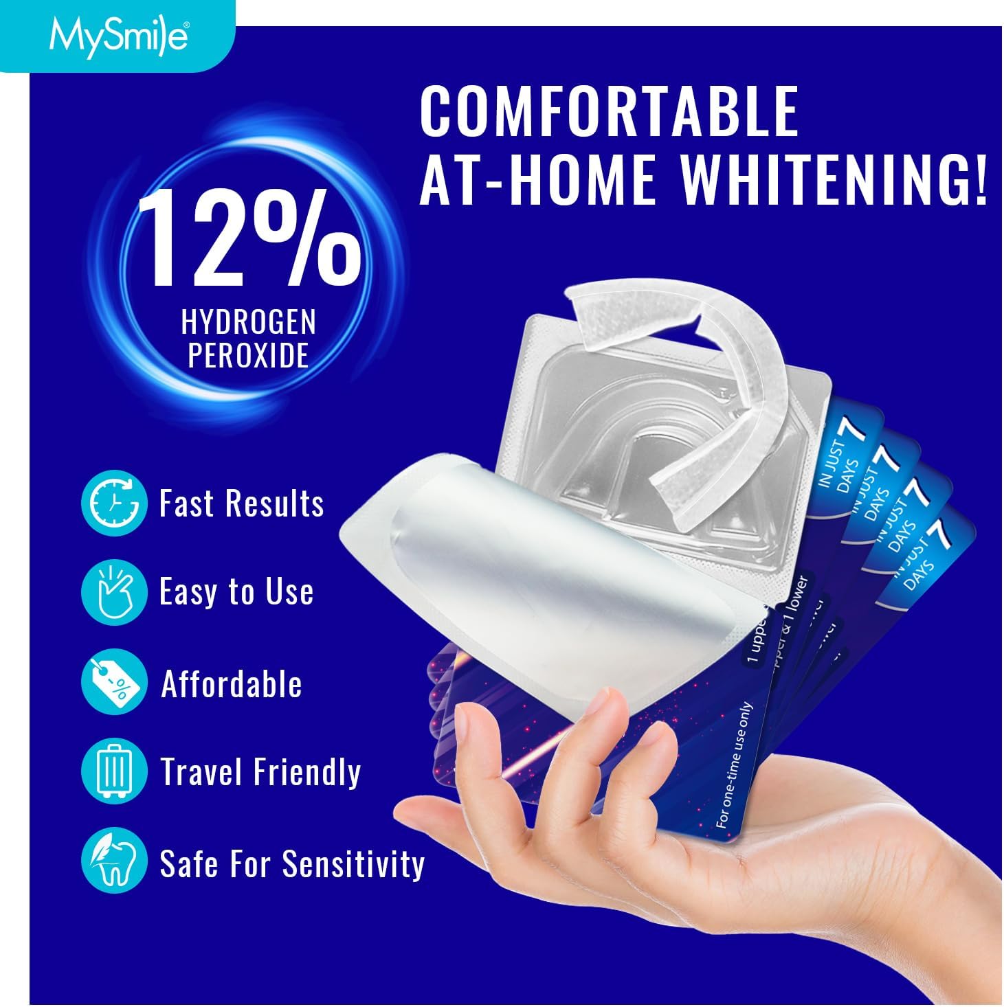 MySmile 7 Treatments Prefilled Teeth Whitening Trays Kit with 12% Hydrogen Peroxide Whiter Gel for Sensitive Tooth, Fast-Result Vegan Teeth Whitener Tooth Stain Remover, Mint Flavor