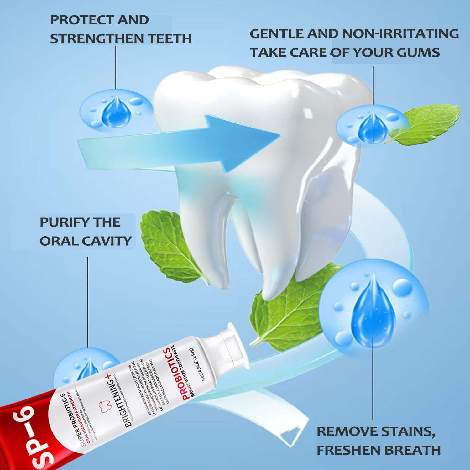 SP-6 Probiotics Whitening Toothpaste, 1 PC 6 Probiotics Enhanced Formula Brightening Toothpastes for Teeth Whitening and Gum Health, Fluoride-Free, Fresh Breath with Mint Flavor (1 PC)
