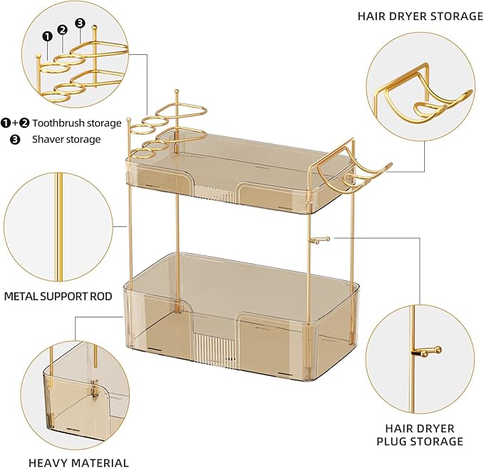 2 Tier Gold Bathroom Counter Organizer with Hair Dryer Holder, Skincare & Makeup Organizer, Cosmetics Shelf for Vanity Tray