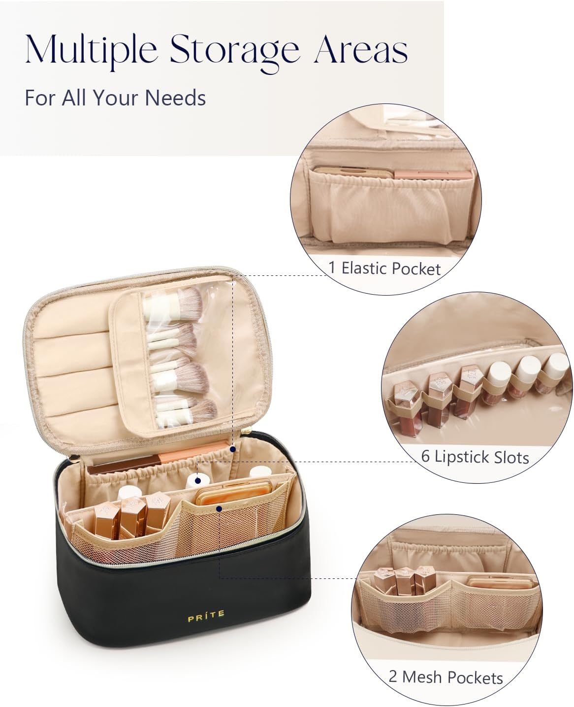 Prite Makeup Bag Portable Cosmetic Organizer with Brush Holder Waterproof Travel Toiletry Bag for Women with Handle and Divider (Black)