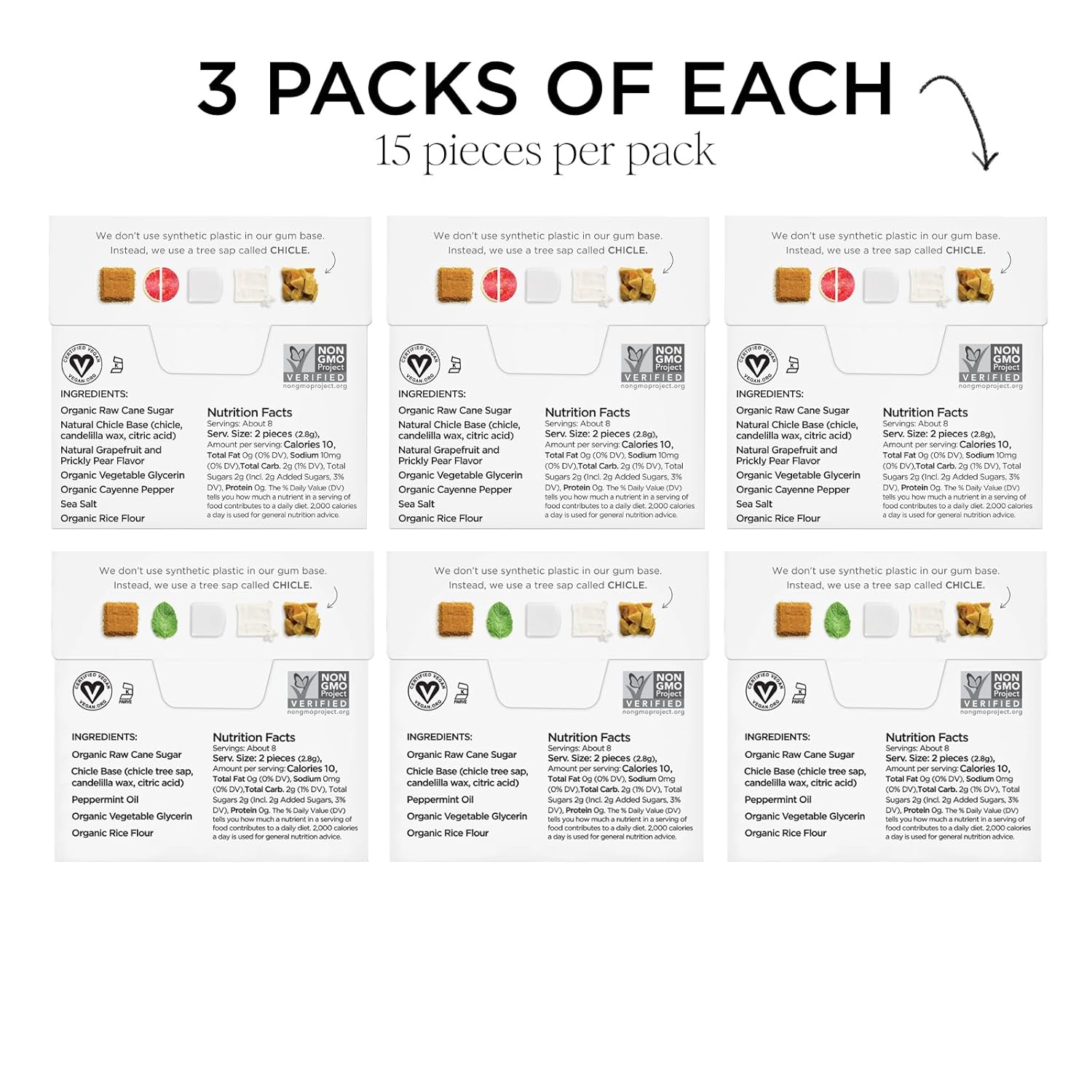 SIMPLY Gum Peppermint and Grapefruit (Cleanse) Variety Pack - Plastic-Free Natural Chewing Gum, 6 Pack (90 Pieces) | Vegan, Kosher, Non GMO, Aspartame Free and Sorbitol Free