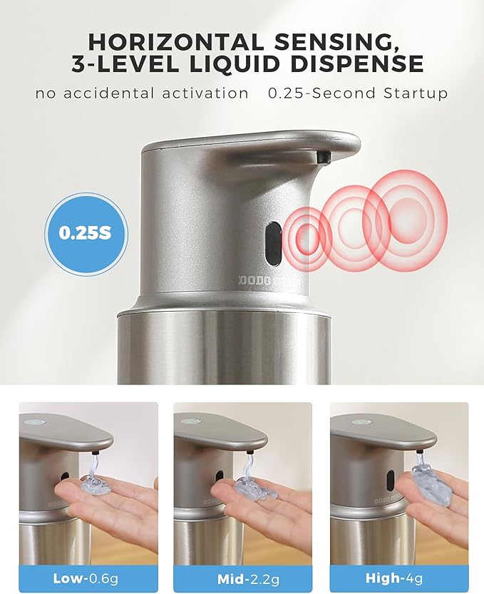 Automatic Liquid Soap Dispenser Touchless, 16.2oz/480ml Rechargeable, 3 Adjustable Liquid Levels, IPX7 Waterproof, for Kitchen Bathroom, Stainless Steel