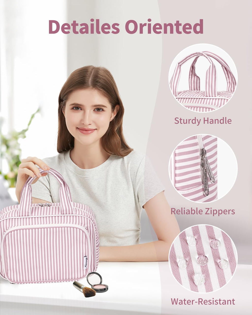 Narwey Large Travel Toiletry Bag for Traveling Women, Cosmetic Makeup Bag Make Up Organizer, Striped Travel Bag for Toiletries with Handle (Dusty Rose Stripe)