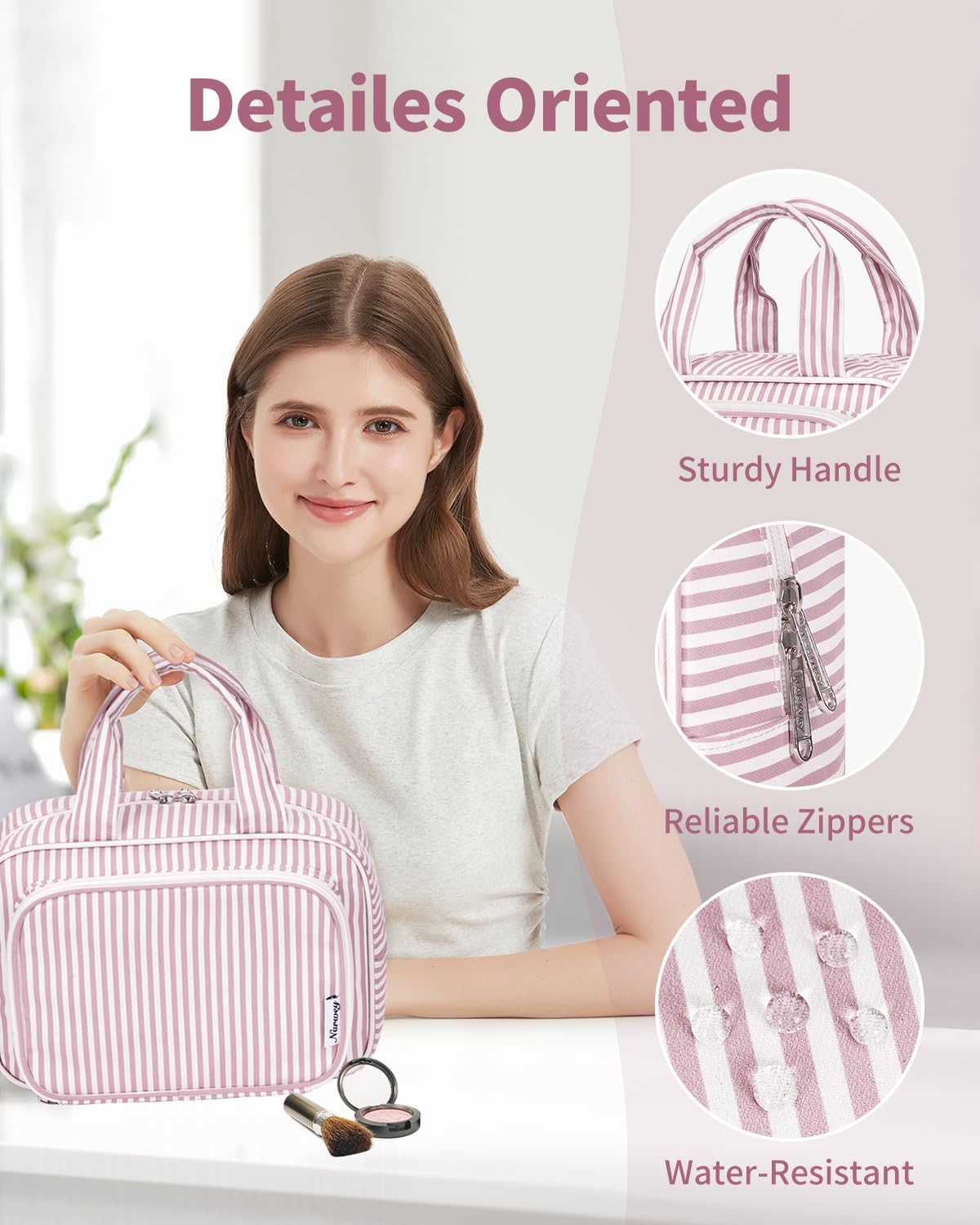 Narwey Large Travel Toiletry Bag for Traveling Women, Cosmetic Makeup Bag Make Up Organizer, Striped Travel Bag for Toiletries with Handle (Dusty Rose Stripe)
