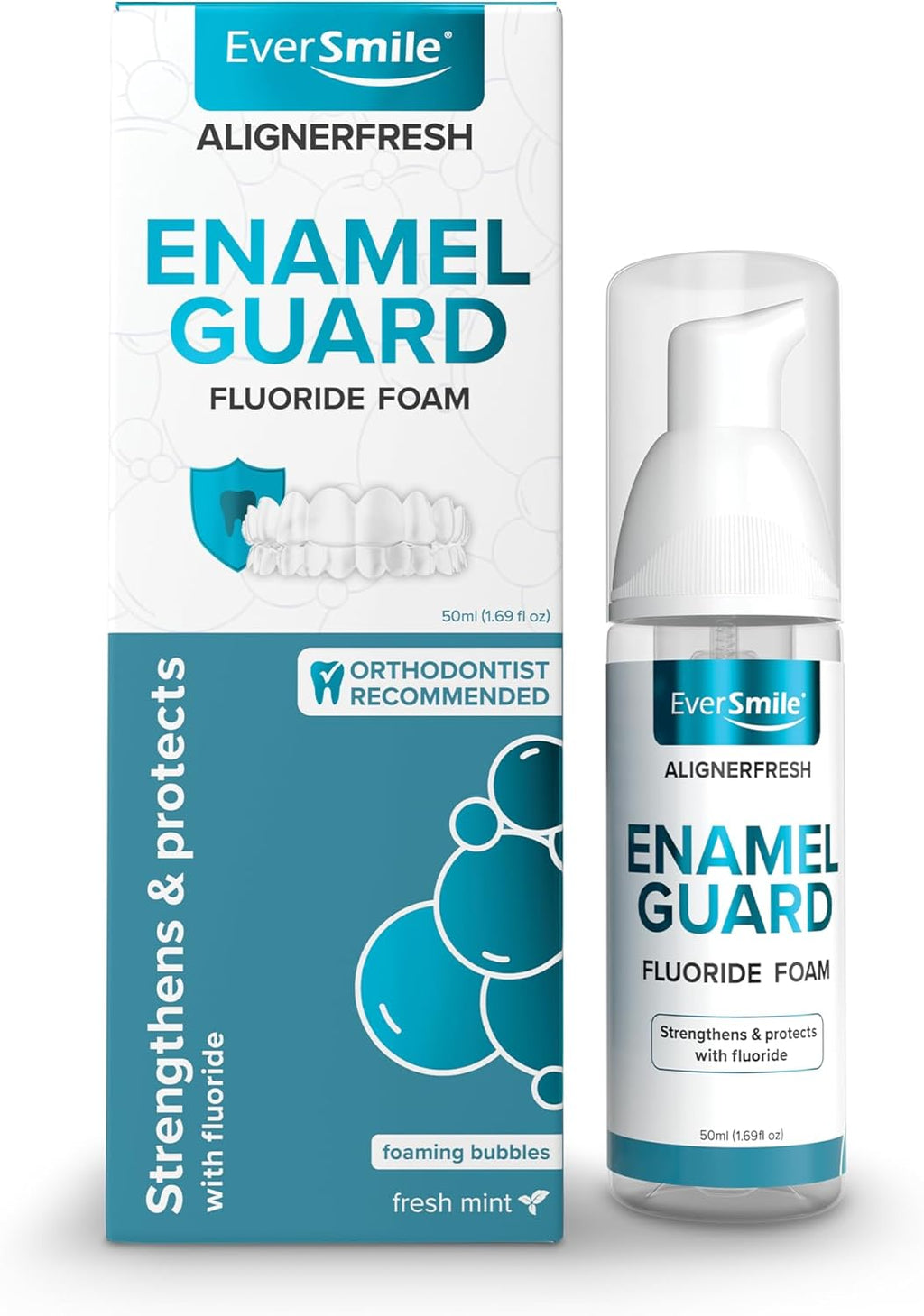 EverSmile AlignerFresh Enamel Guard Fluoride Foam – Aligner & Retainer Cleaner/Whitener with Enamel Protection – Strengthens, Protects & Whitens Teeth, Eliminates Bacteria – Fresh Mint, 1 Pack (50ml)