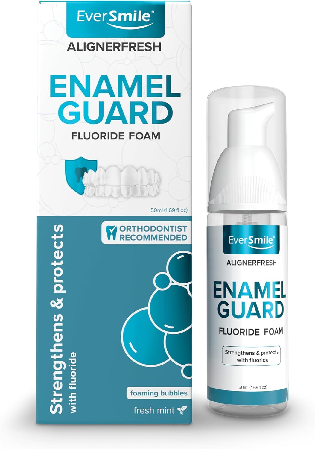 EverSmile AlignerFresh Enamel Guard Fluoride Foam – Aligner & Retainer Cleaner/Whitener with Enamel Protection – Strengthens, Protects & Whitens Teeth, Eliminates Bacteria – Fresh Mint, 1 Pack (50ml)
