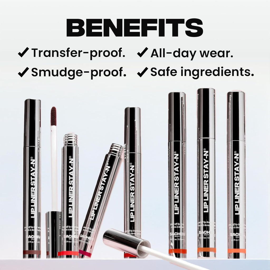 Sacheu Lip Liner STAY-N Peel Off Lip Stain — Long Lasting Matte Lip Tattoo Transfer Proof Lipstain Infused with Hyaluronic Acid & Vitamin E for All Skin Types — Vegan & Cruelty-Free, Core Bundle