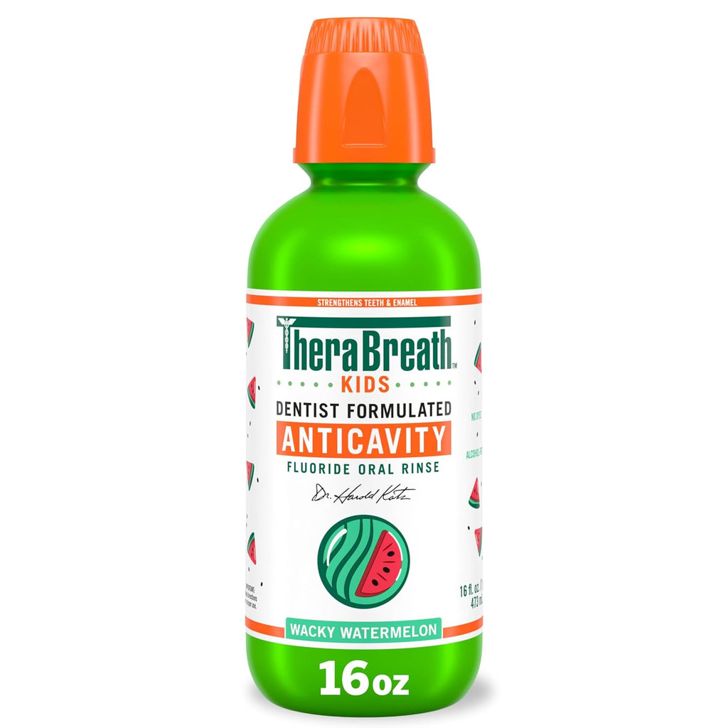 TheraBreath Kids Organic Wacky Watermelon Mouthwash with Fluoride, Anticavity, Dentist Formulated, 16 Fl Oz