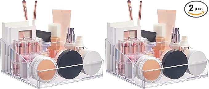 STORi Clear Plastic Small Countertop Vanity Makeup Organizer, Compact Rectangular 4-Compartment Holder for Brushes, Eyeshadow Palettes, & Beauty Supplies, Made in USA (Pack of 2)