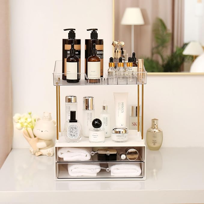 2-Tier 2-Drawer Bathroom Countertop Organizer, Multi-Purpose Makeup Organizer for Vanity, Large Skincare Countertop Organizer, Cosmetic Display Case for Dresser, Elegant Gifts for Women, Clear