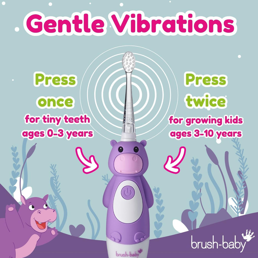 BrushBaby - WildOnes - Kids Rechargeable Electric Toothbrush, Ages 0-10 - Holly Hippo Design with Flashing Lights - DeepClean Bristles for Superior Cleaning - 2 Replacement Brush Heads, 1 USB Cable