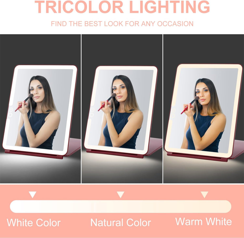 Mocado LED Travel Makeup Mirror, Rechargeable Vanity Mirror with Lights, Portable Mirror with Lights - 7x9 inches, 3 Colors Light, Foldable, Dimmable Touch Screen, Travel Essential (Wine Red)