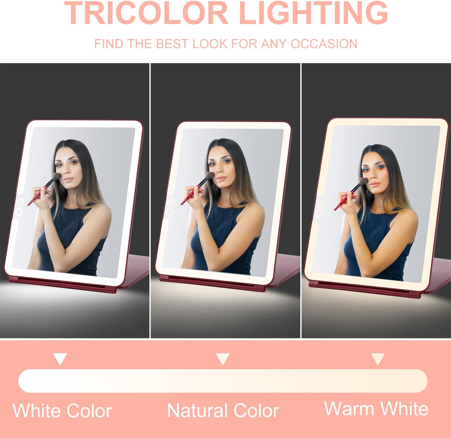 Mocado LED Travel Makeup Mirror, Rechargeable Vanity Mirror with Lights, Portable Mirror with Lights - 7x9 inches, 3 Colors Light, Foldable, Dimmable Touch Screen, Travel Essential (Wine Red)