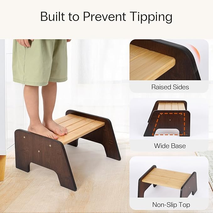 StrongTek Kids Step Stool, Anti-Tip Bamboo Footstool with Wide Non-Slip Platform, 15.5" L × 13.7" W × 7.8" H, Durable & Easy to Assemble, Ideal for Potty Training, Handwashing, Bedroom & Playroom