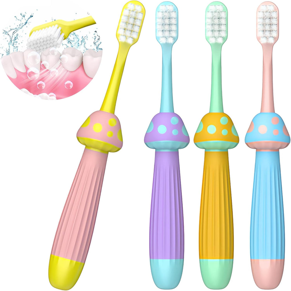 Kids Toothbrushes 4 Pack, Extra Soft Toddler Toothbrush 1-12 Years, Cute Mushroom Baby Toothbrush Multicolor Infant Training Tooth Brush Complete Tooth and Gum Care, Easy to Grip