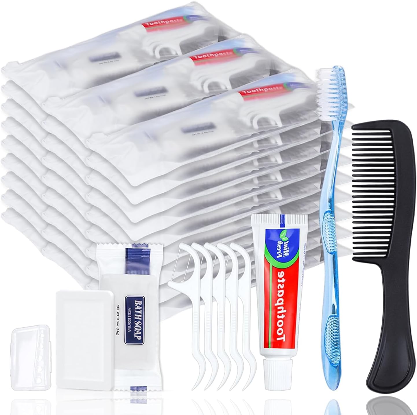 100 Sets Personal Hygiene Kit Basic Toiletry Kits Homeless Supplies Bulk for Women,Men,Travel,Charity,Business Include 100 Toothbrush,100 Toothpaste,100 Comb,100 Bath Soap,500 Floss Pick