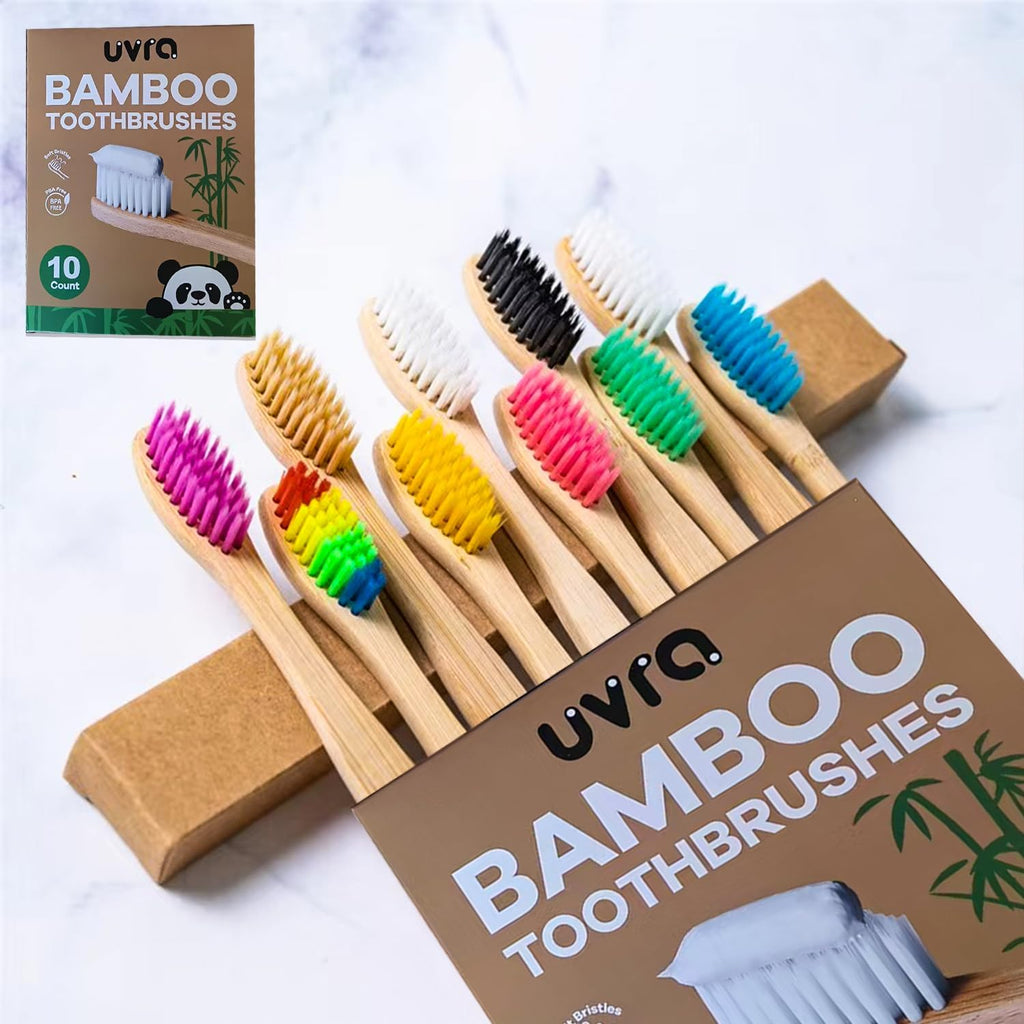 Bamboo Toothbrushes for Adults - 10 Pack Biodegradable Bamboo Toothbrush Teeth Colorful Bristle Natural Bamboo Tooth Brush Dental Eco Wood Toothbrushes (Multicolour)