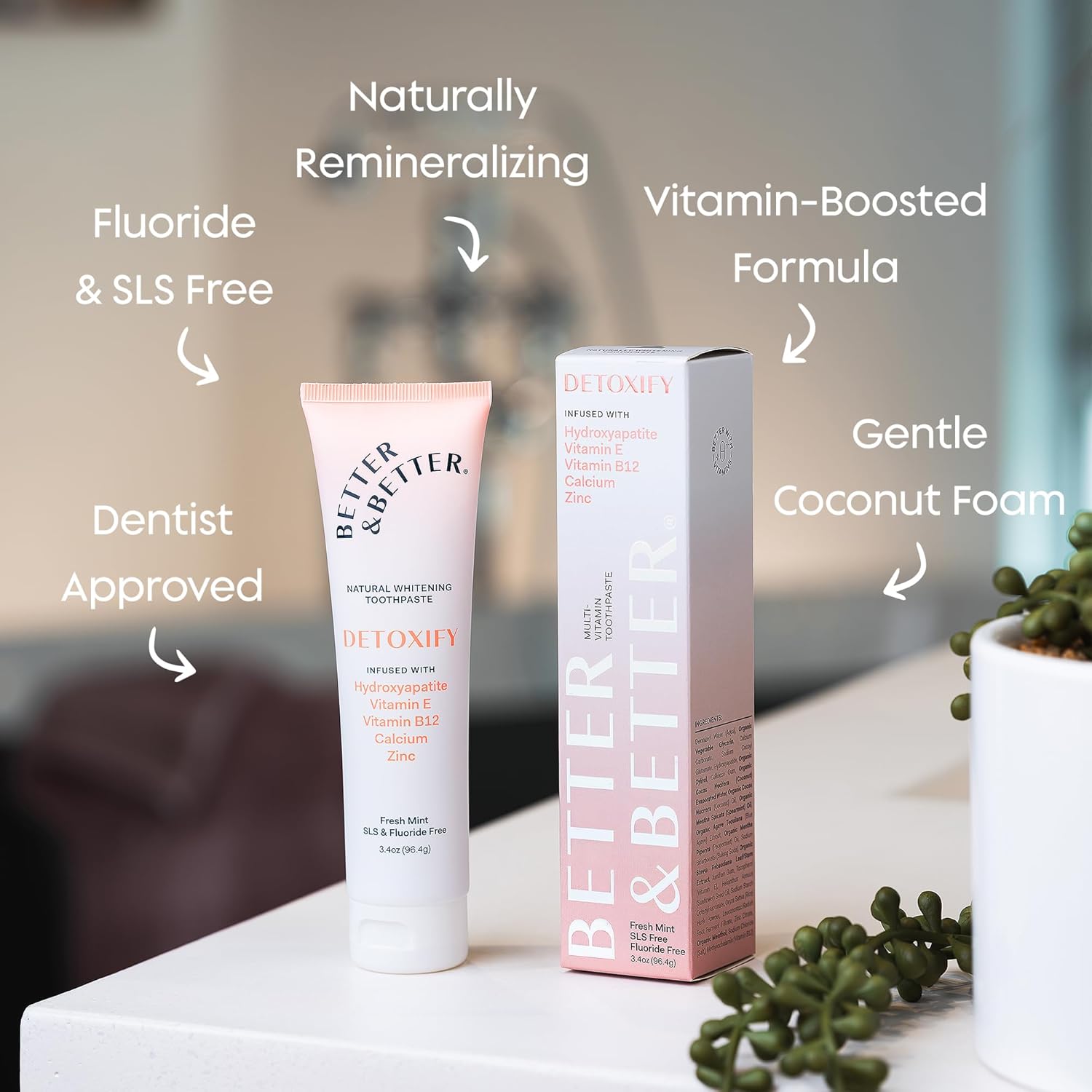 Better & Better Detoxify Hydroxyapatite Toothpaste | Whitening Toothpaste Infused w/Vitamins E & B12, Calcium & Zinc | Fluoride & SLS Free for Sensitive Brushers | Fresh Mint Flavor | 3.4oz, 1 Pack