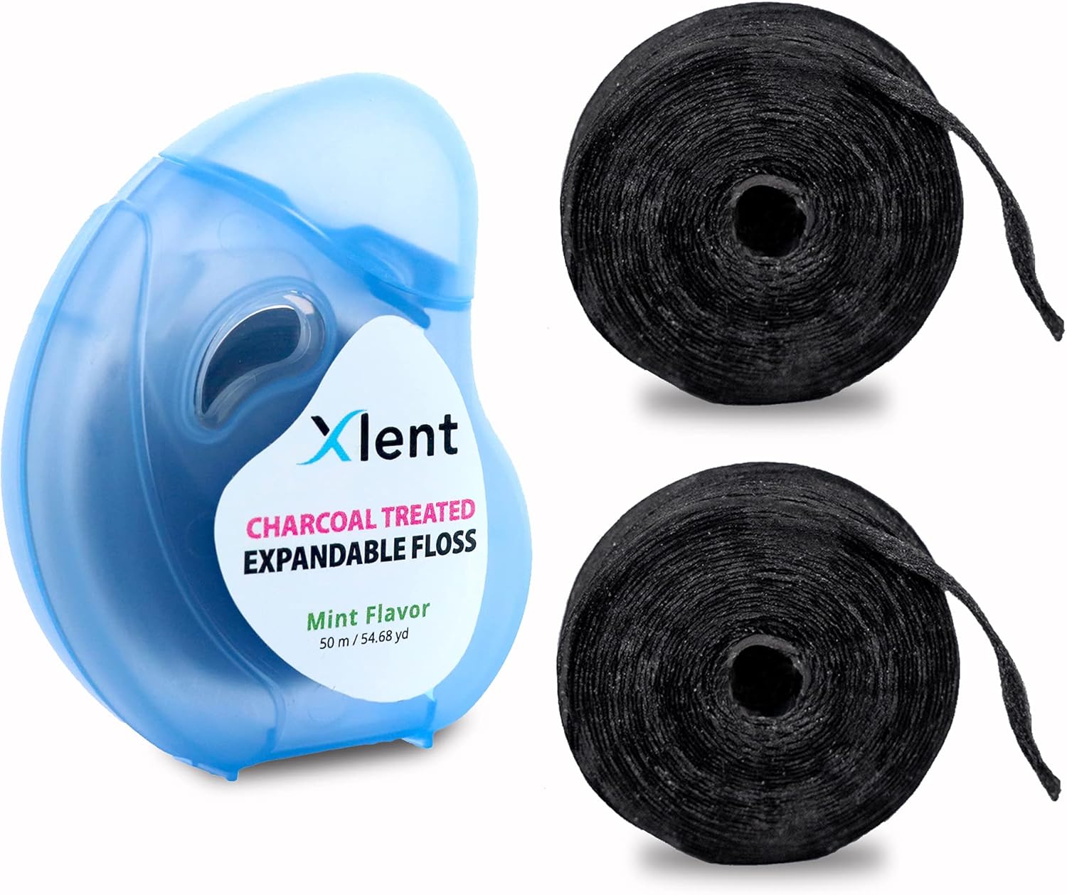 Xlent Expandable Floss Treated Activated Charcoal, Xylitol Natural Based Wax Fresh Mint Flavor | 3 Count (1 50 m Floss Blue Container Plus 2 50 m Refill Bobbins), 3 Count (1 Blister Card+2 Refill)