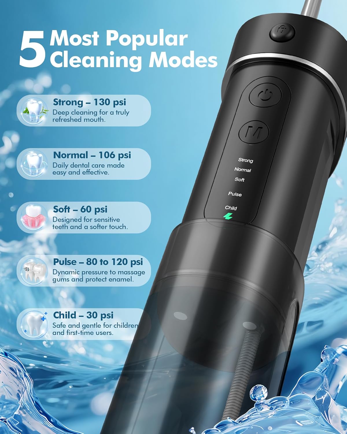 Water Flosser Travel Mini Cordless Portable: 5 Modes Water Dental Floss with Telescopic Water Tank, 4 Tips, IPX7 Waterproof Oral Irrigator for Teeth Cleaning, Orthodontic, Braces Dental Care