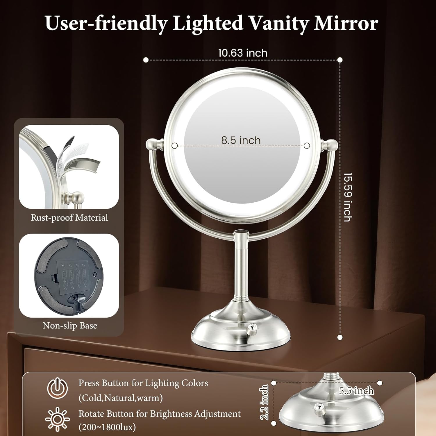 Professional 8.5" Large Lighted Makeup Mirror with Brighter Lights, 1X/10X True HD Magnifying Mirror with 3 Color Dimmable Lights, 90 Shadowless LEDs, 360°Swivel Seamless Vanity Mirror, Pearl Nickel